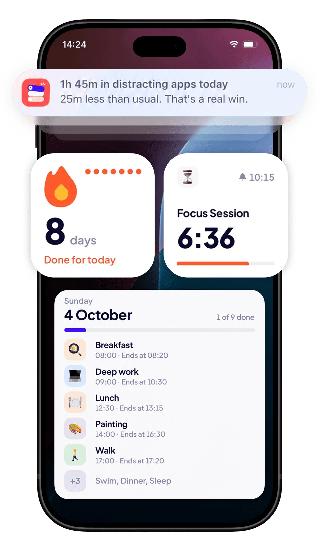 Lock Screen with a Tikku reminder, streak and focus widgets, and today’s tasks